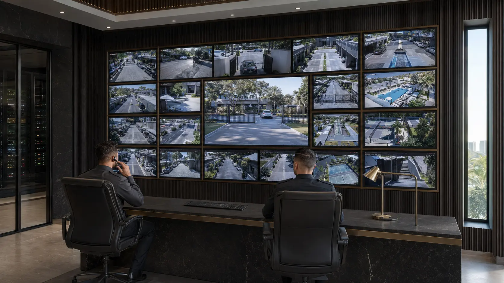Security control room with two officers monitoring a wall of live CCTV feeds across the compound