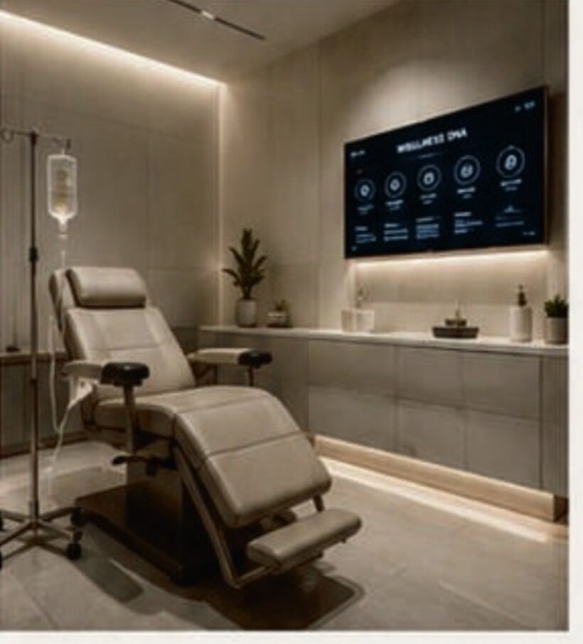 Single-chair IV infusion suite with a wall-mounted wellness diagnostics display and soft cove lighting