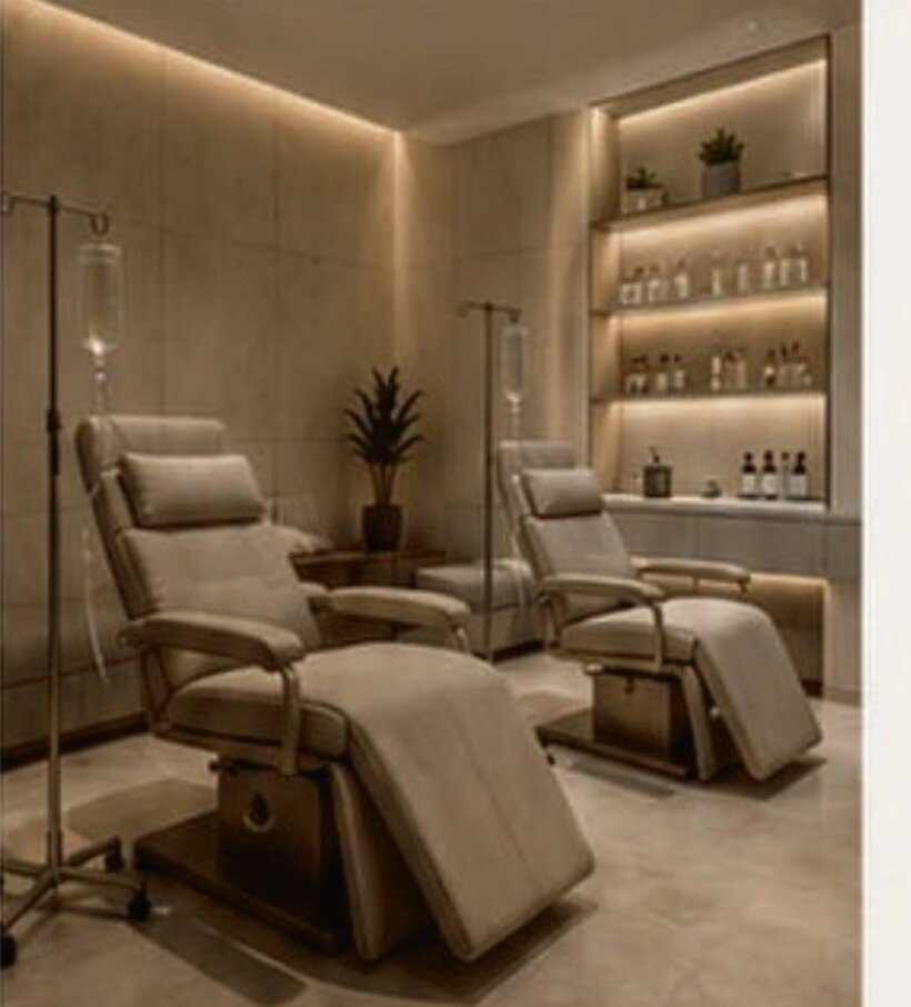 IV lounge with two reclining infusion chairs beside a backlit nutrition bar of supplements