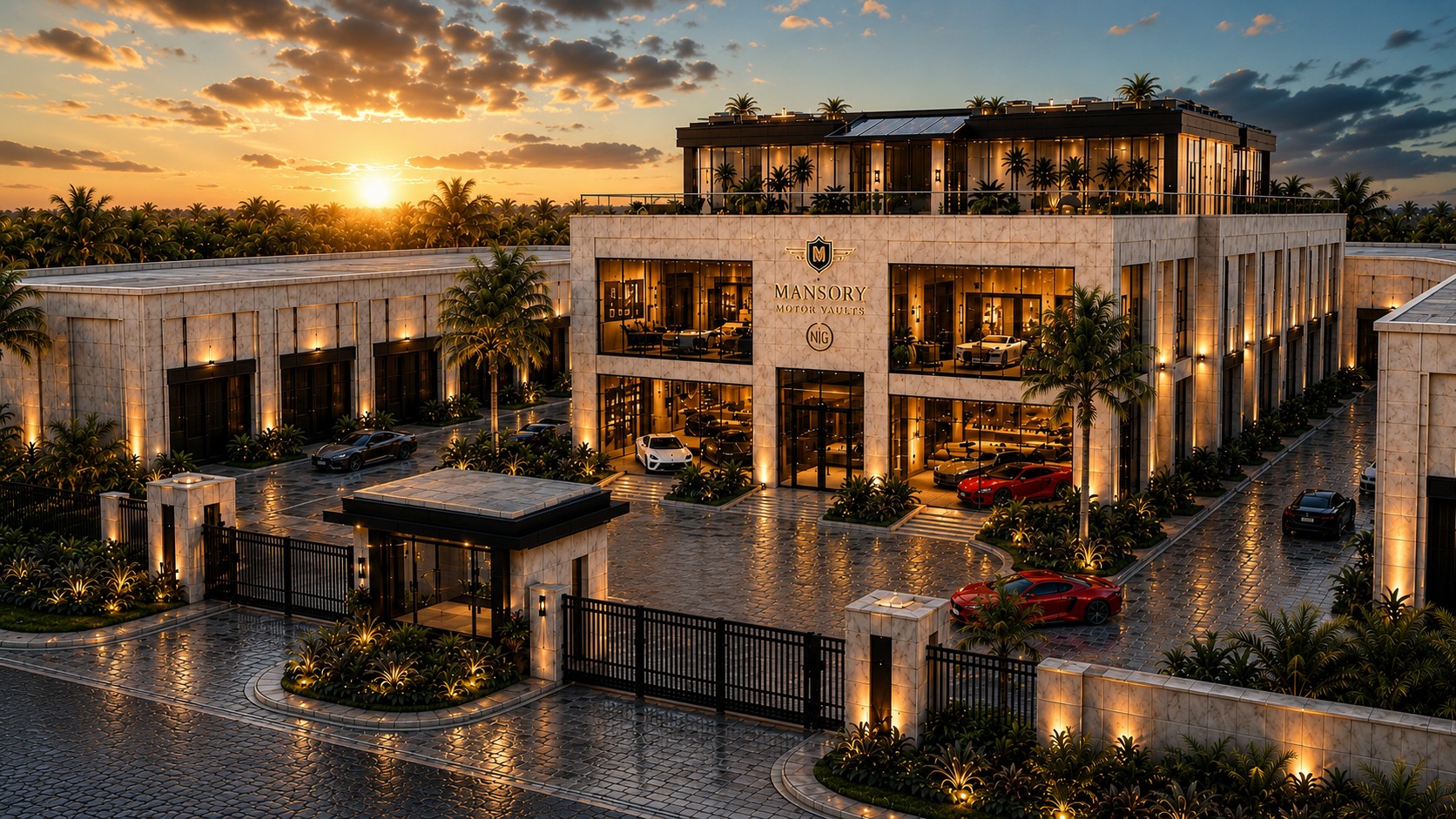 The Club House — private suite row at dusk, illuminated façade with palm-lined cobblestone approach and a single luxury sedan in the distance