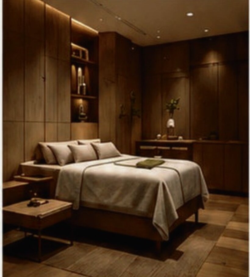 Private regenerative therapy suite with a dressed treatment bed, warm walnut panelling and low recessed lighting