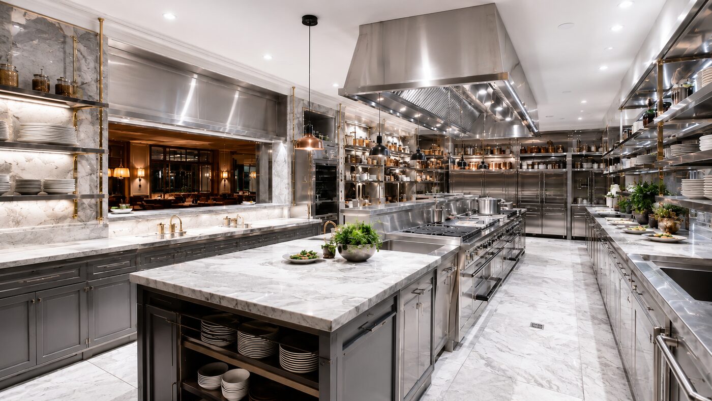 Kitchen / Back of House — professional stainless kitchen with marble island, copper hood, brass shelving and pass to the dining room