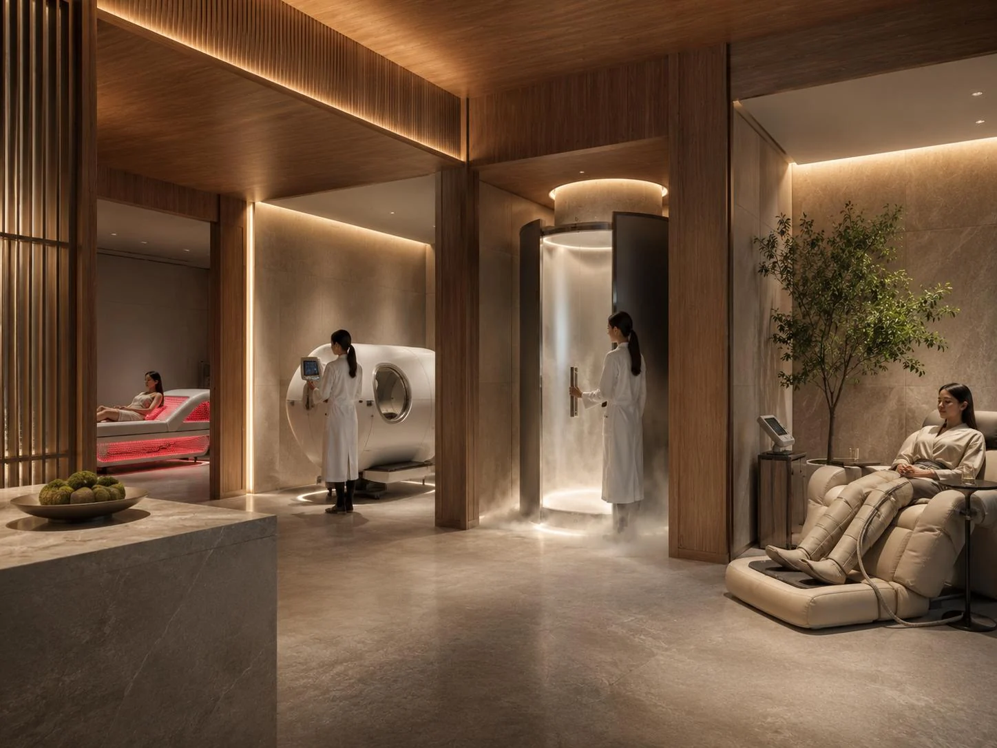 Clinic recovery lounge with hyperbaric chamber, cryotherapy cabin, red-light bed and compression chair in a warm stone and wood interior