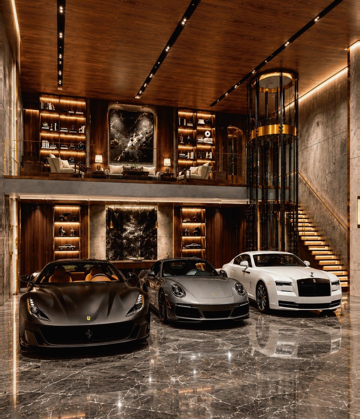 Warm-lit suite with a matte black Ferrari, grey Porsche and white Rolls-Royce before illuminated display cabinets and a glass elevator