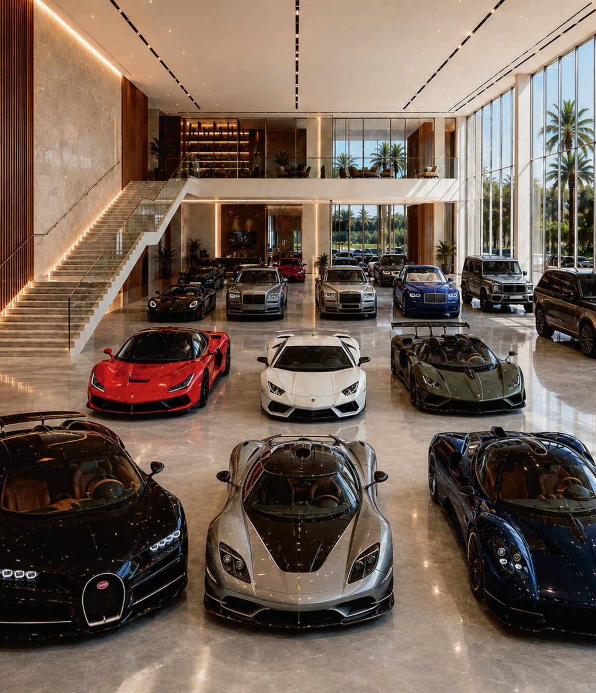 Expansive showroom floor displaying a dozen supercars and luxury sedans beneath a floating stair and full-height glazing onto palms