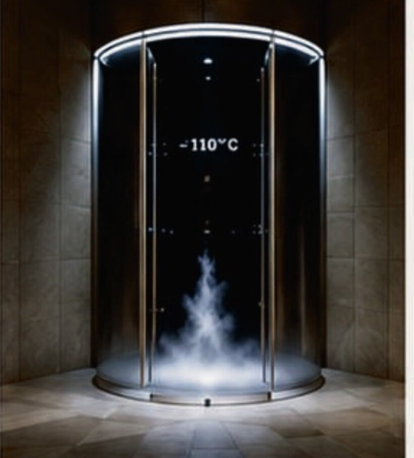 Illuminated whole-body cryotherapy chamber at −110°C with vapour rising inside a stone-clad room