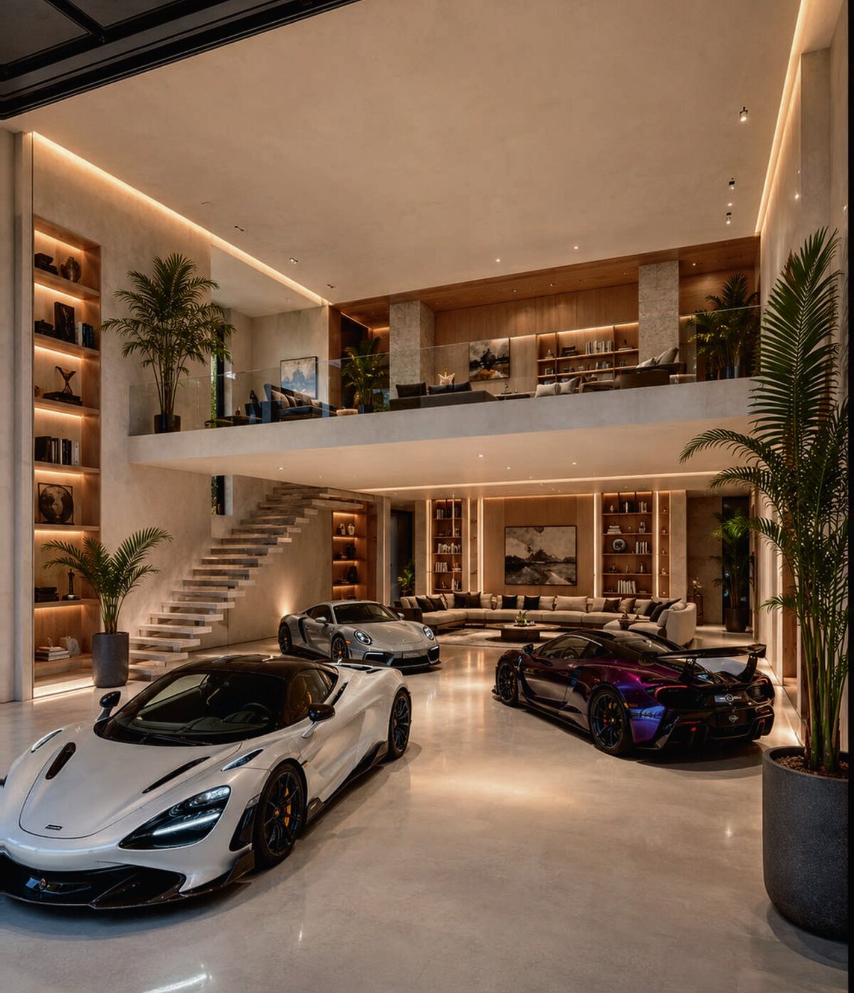 Double-height suite interior with a white McLaren, silver Porsche and purple hypercar on polished concrete beneath a mezzanine lounge with backlit shelving