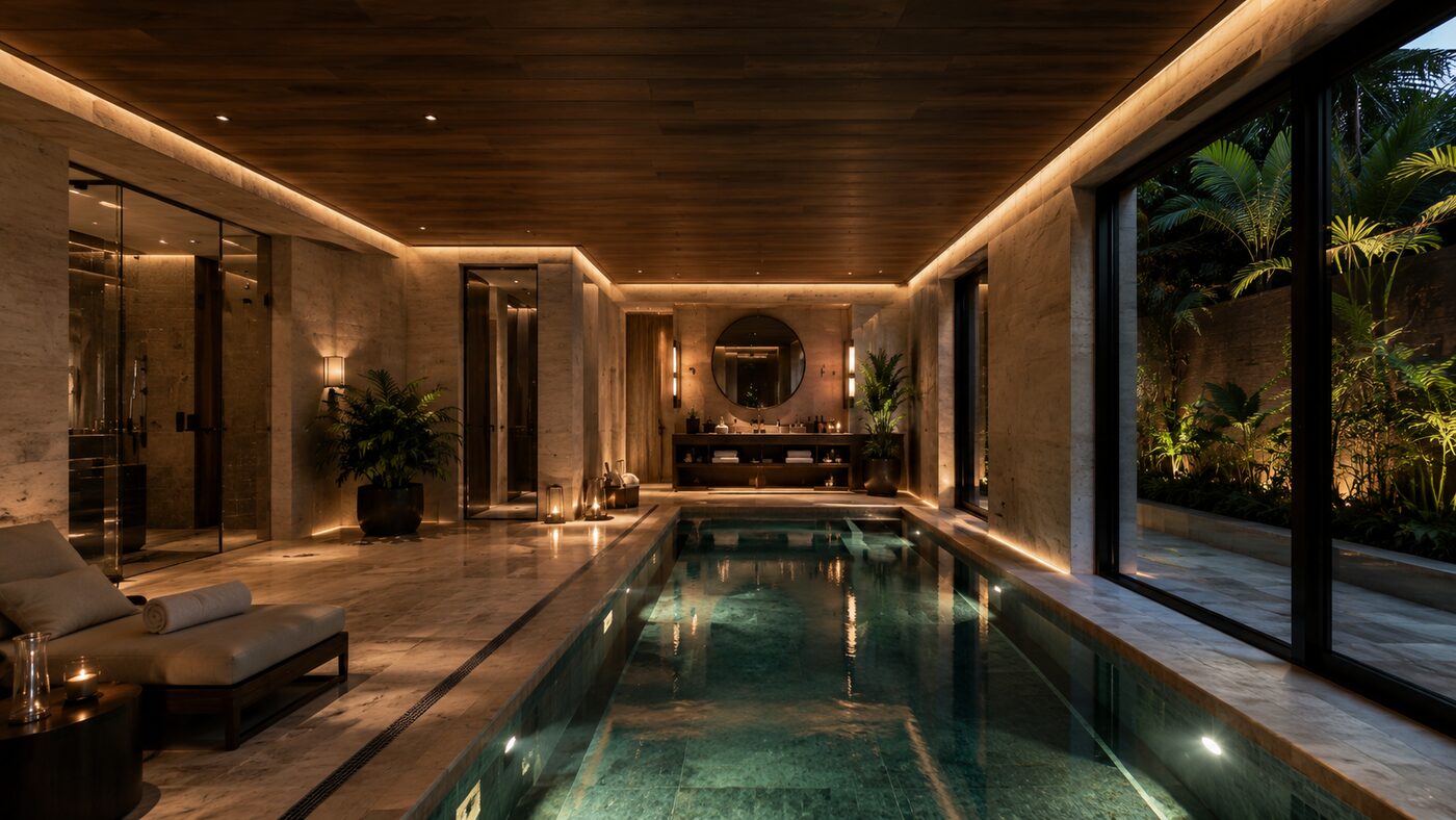 Hydrotherapy suite — travertine plunge at dusk