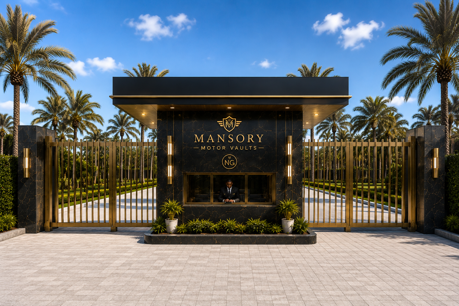 The Reserve branded marble gatehouse with gold sconces and palm-lined perimeter