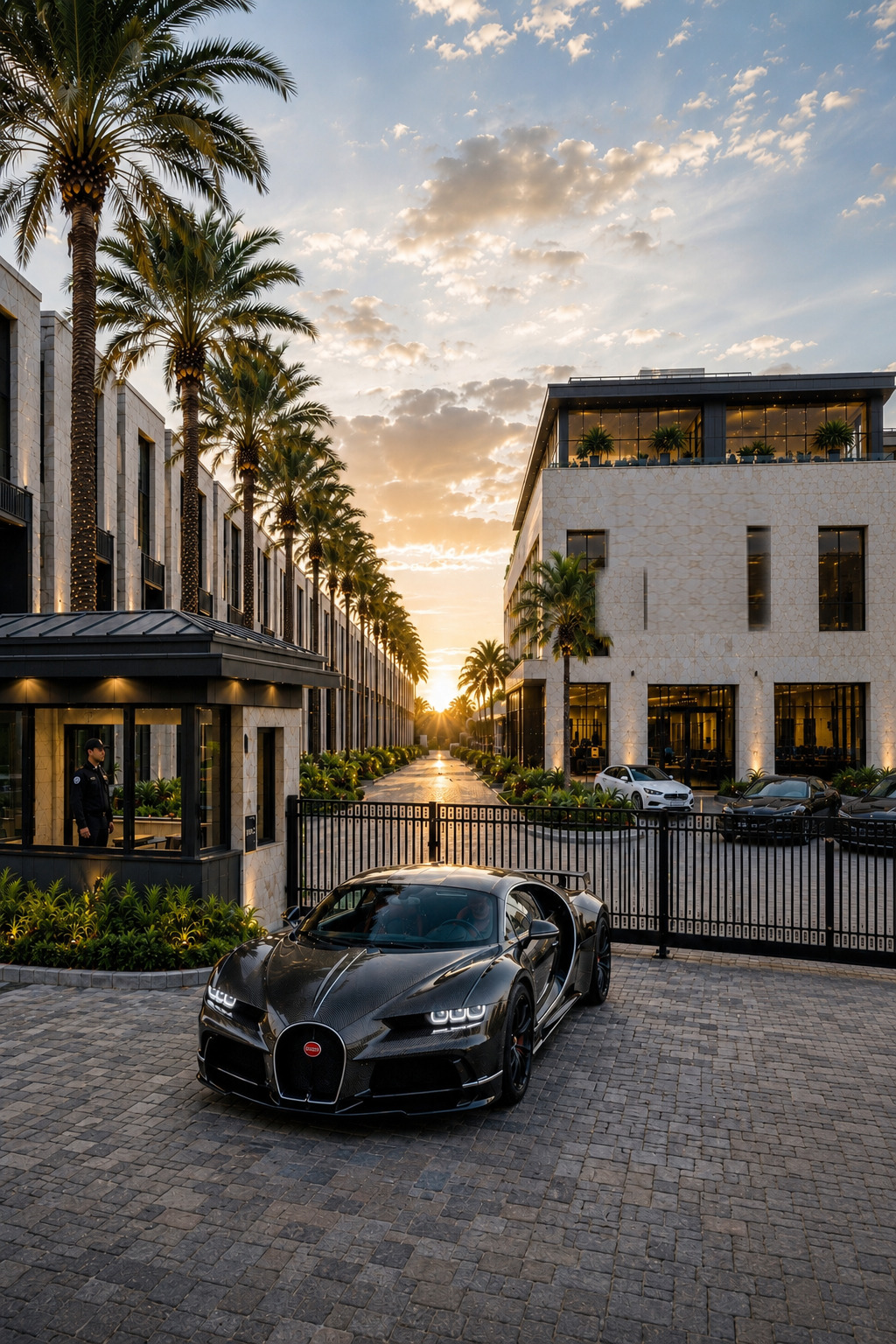 Black Bugatti at the gated stone gatehouse of the Nouri Group auto town homes compound at sunset, palm-lined motorcourt beyond