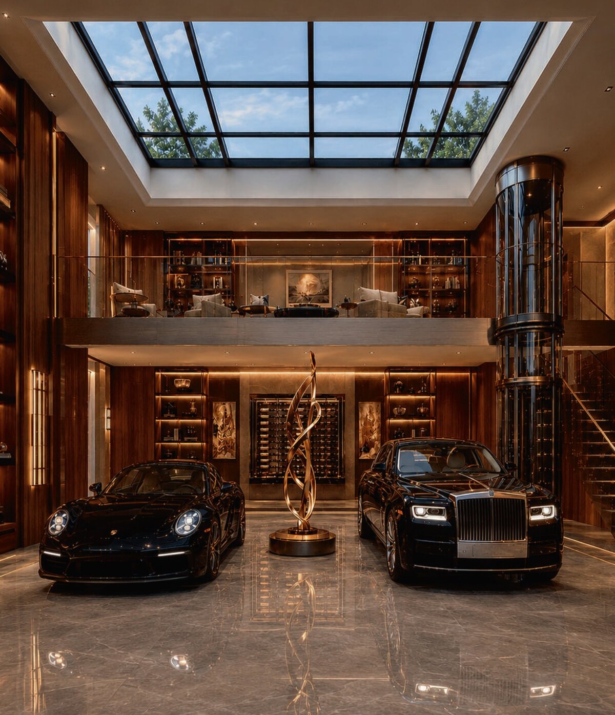 Walnut-panelled suite with a black Porsche and Rolls-Royce flanking a bronze sculpture under a large skylight