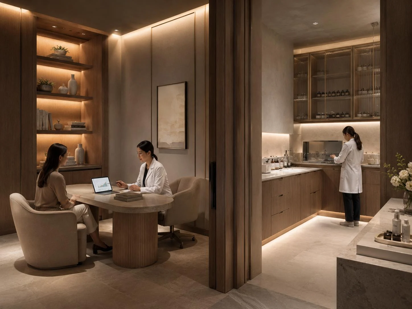 Physician consult room with two chairs at a stone-topped desk beside a pharmacy prep counter