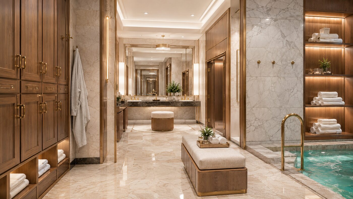 Spa & Locker Suites — marble vanities, brass-trimmed lockers, ambient sconce lighting and a stepped plunge pool