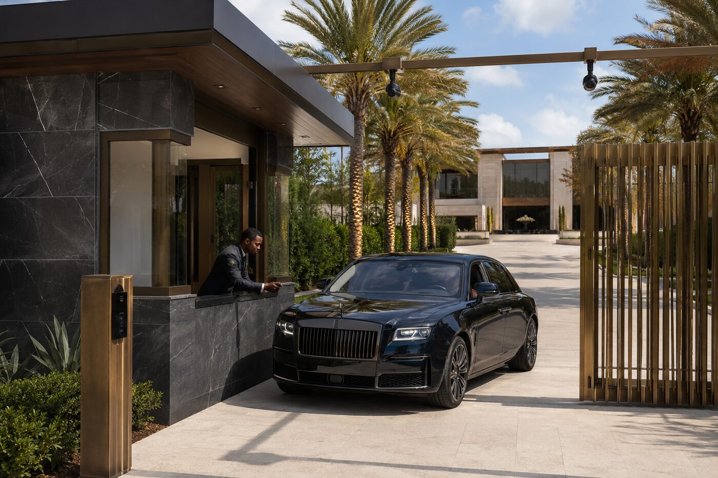 Gated Arrival — stone-clad gatehouse with brass louvred gate, uniformed attendant greeting a black Rolls-Royce beneath palms