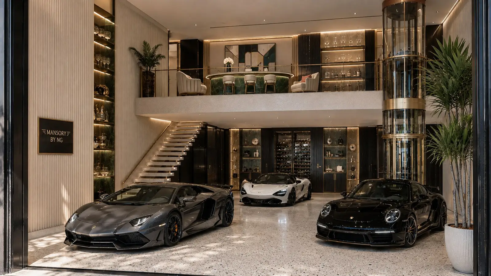 The same suite shell with three supercars beneath the mezzanine, finished in ivory fluted panelling with green marble and polished brass