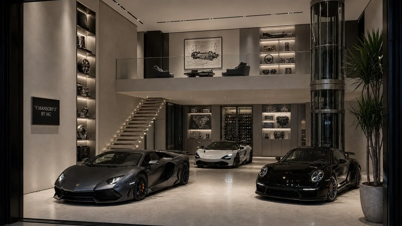 The same suite shell with three supercars beneath the mezzanine, finished in grey plaster walls with lit vitrines of engine components