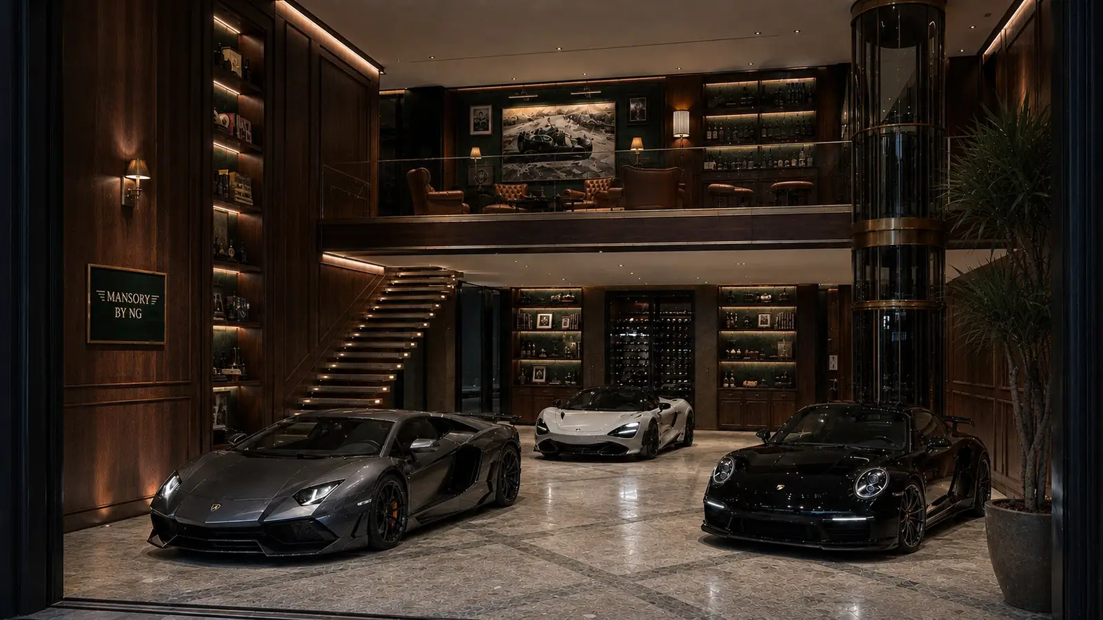 The same suite shell with three supercars beneath the mezzanine, finished in dark walnut panelling and racing-green club interiors