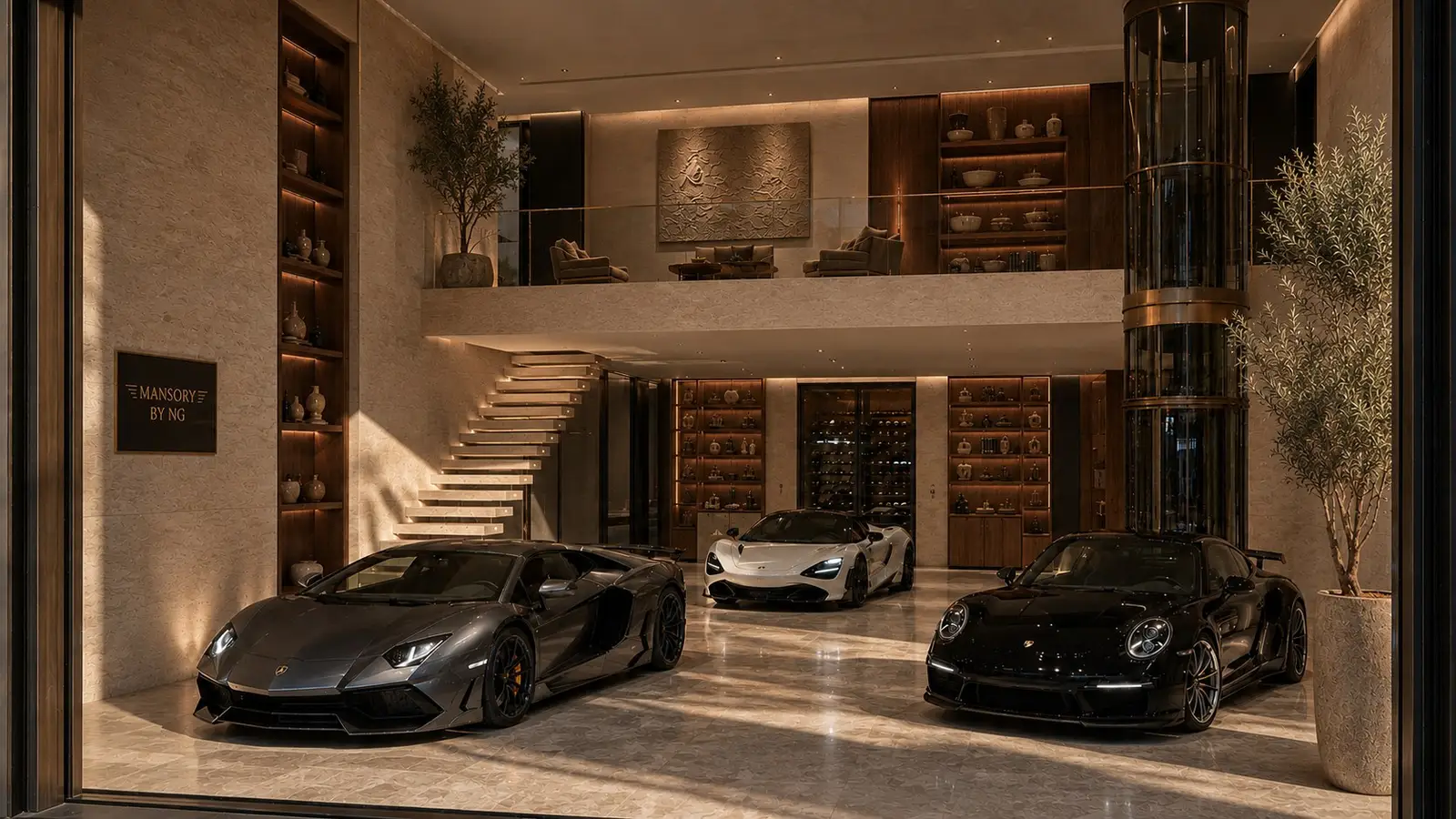 The same suite shell with three supercars beneath the mezzanine, finished in textured limestone in low golden sunlight