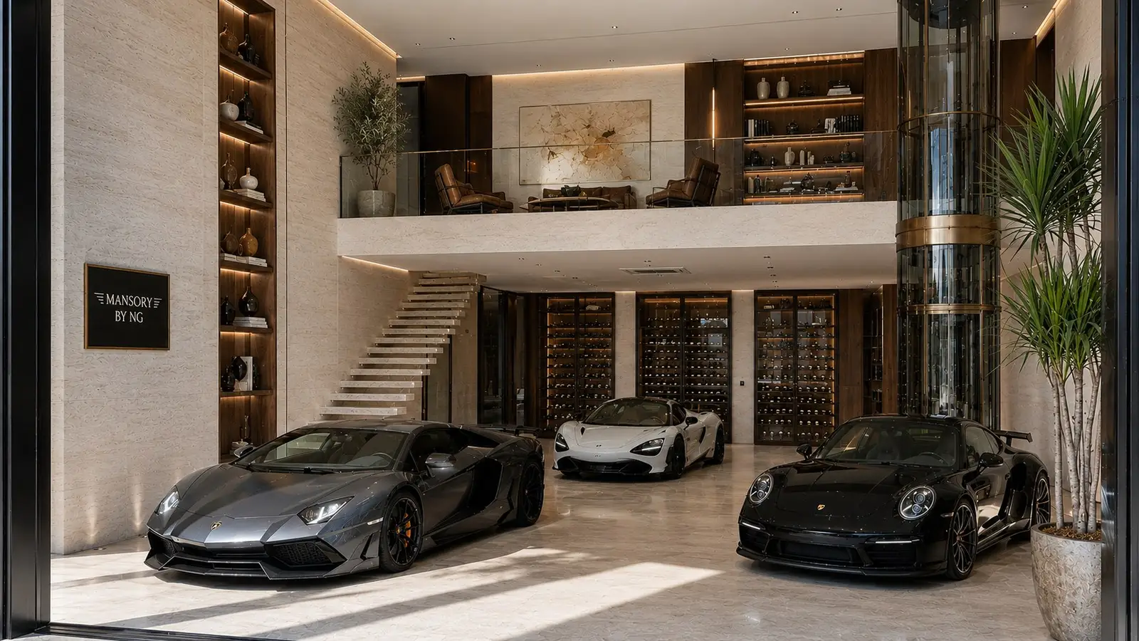 The same suite shell with three supercars beneath the mezzanine, finished in warm travertine and ivory plaster under daylight