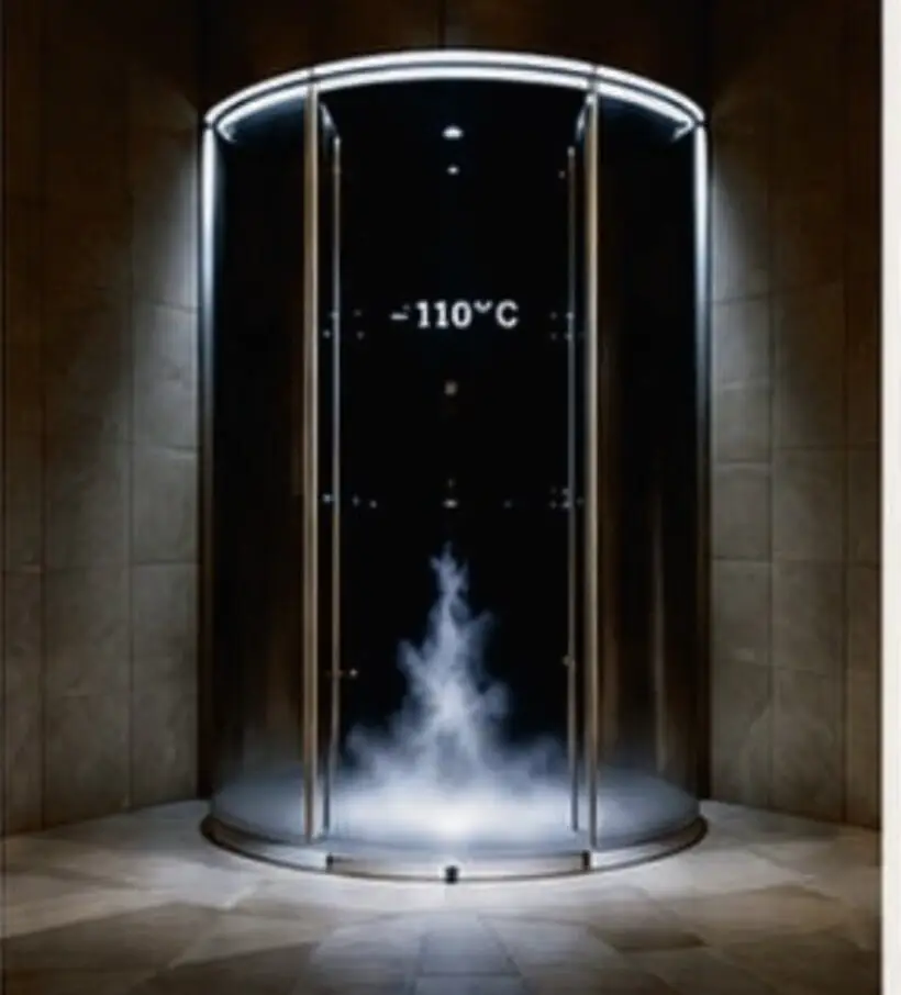 Illuminated whole-body cryotherapy chamber at −110°C with vapour rising inside a stone-clad room