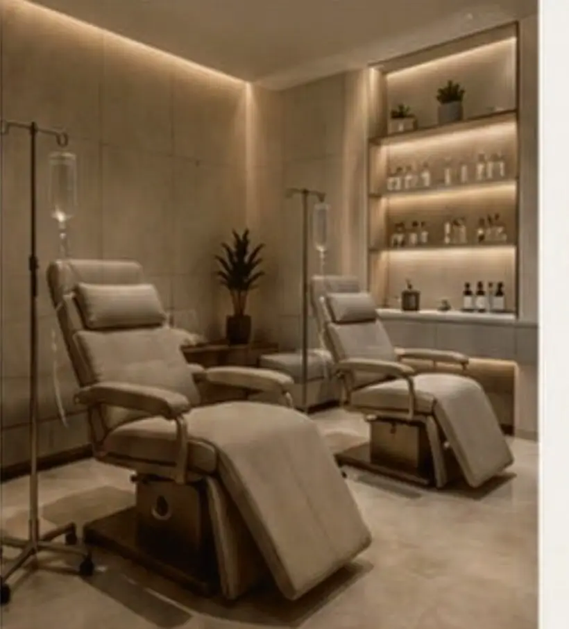 IV lounge with two reclining infusion chairs beside a backlit nutrition bar of supplements