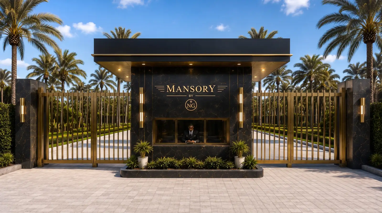 MANSORY by NG branded marble gatehouse with gold sconces and palm-lined perimeter