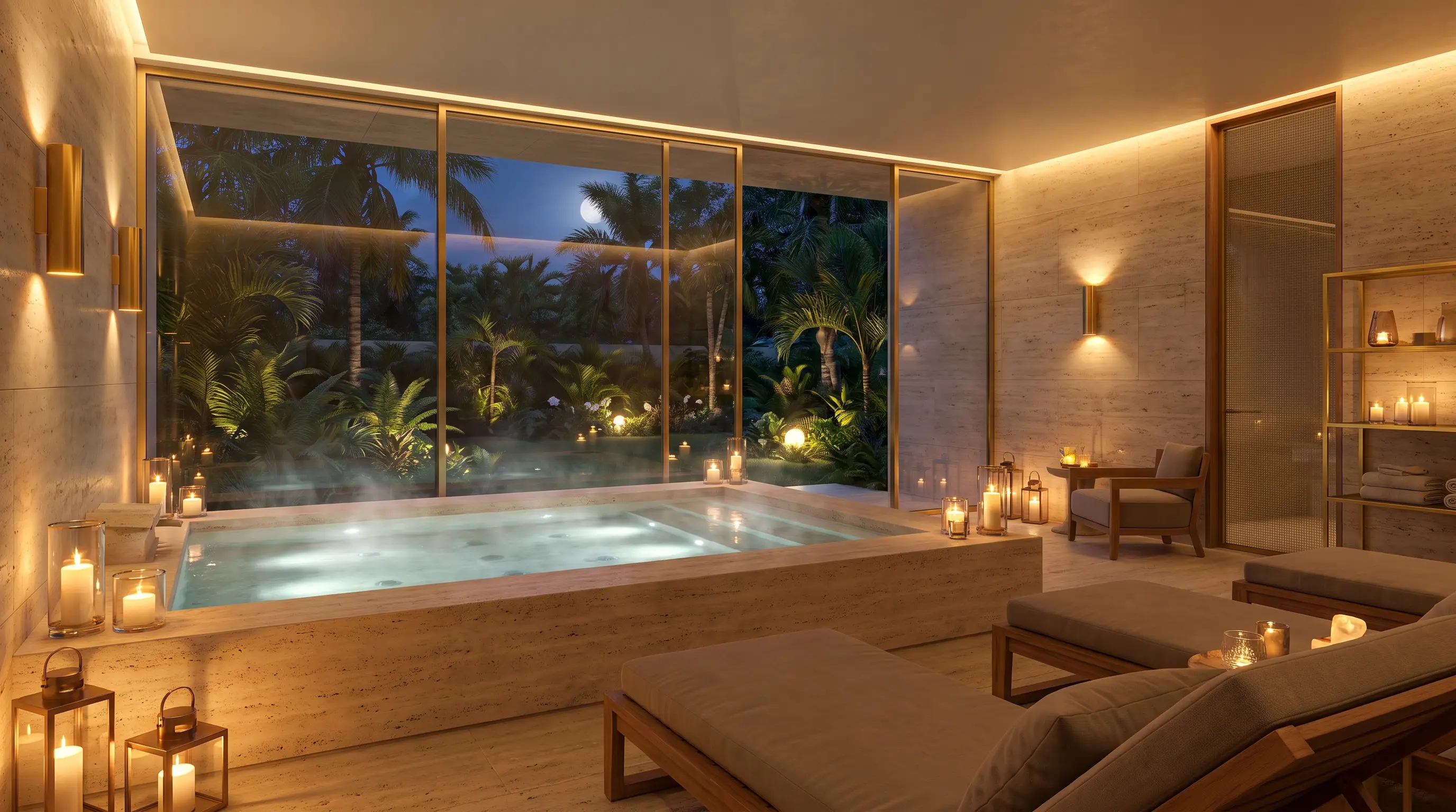Members' spa — travertine treatment suite with soft ambient light